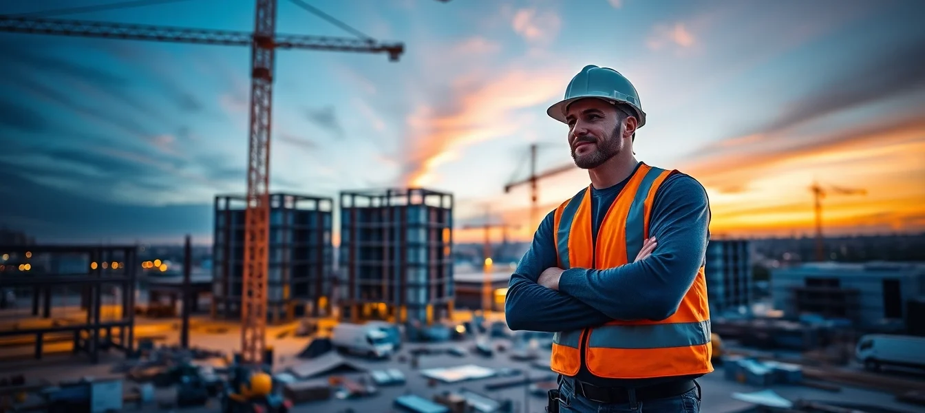 Experienced contractor inspecting blueprints on site, demonstrating leadership and expertise in construction management