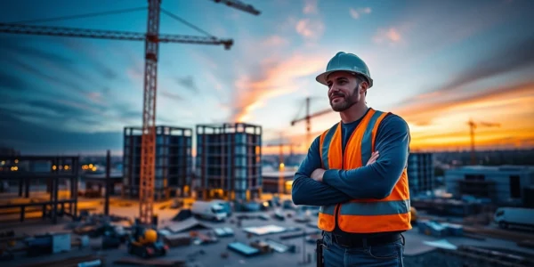 Experienced contractor inspecting blueprints on site, demonstrating leadership and expertise in construction management