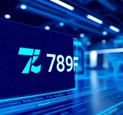 789F brand logo on a high-tech digital background, symbolizing innovation and reliability in online services, appealing to tech-savvy users.