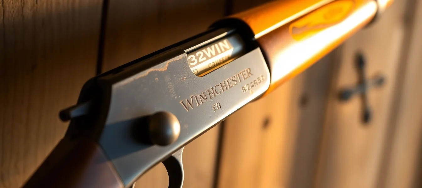 Detail shot of a classic Winchester rifle chambered in 32WIN, showcasing the lever-action and brass accents for firearm enthusiasts and collectors.