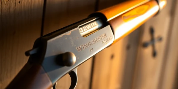 Detail shot of a classic Winchester rifle chambered in 32WIN, showcasing the lever-action and brass accents for firearm enthusiasts and collectors.