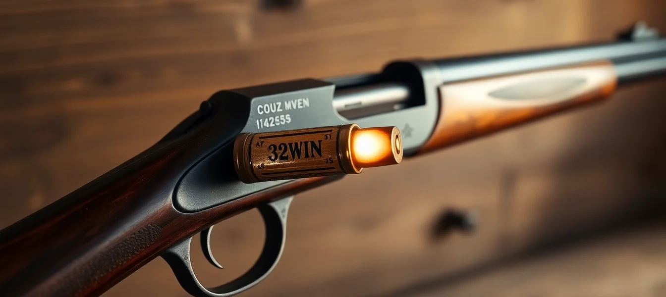 Close-up of a 32WIN cartridge in a vintage Winchester lever-action rifle, showcasing historical firearm details for enthusiasts.