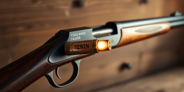 Close-up of a 32WIN cartridge in a vintage Winchester lever-action rifle, showcasing historical firearm details for enthusiasts.
