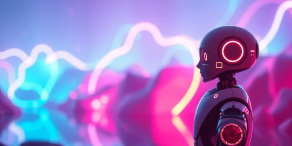 A modern AI chatbot in a vibrant digital landscape, engaging in a virtual conversation.