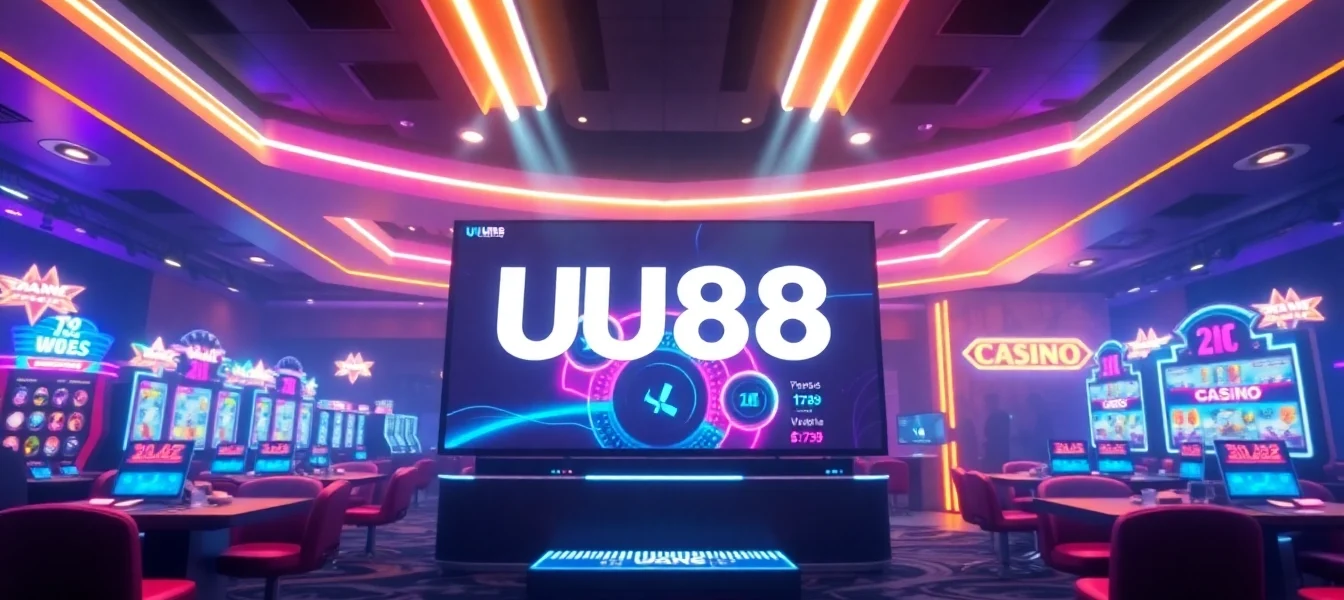 Dynamic online casino interface showcasing UU88 branding with vibrant lights, chips, and game elements for engaging user experience.