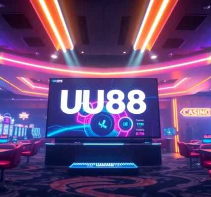 Dynamic online casino interface showcasing UU88 branding with vibrant lights, chips, and game elements for engaging user experience.