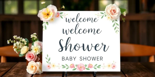 Beautiful baby shower welcome sign with floral accents and cheerful design, perfect for greeting guests.