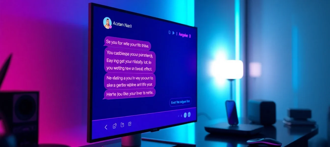 Futuristic AI chat interface on a glowing digital screen in a modern, dimly lit room.