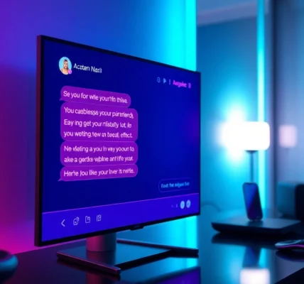 Futuristic AI chat interface on a glowing digital screen in a modern, dimly lit room.
