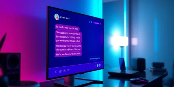 Futuristic AI chat interface on a glowing digital screen in a modern, dimly lit room.