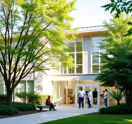 Rehabilitation center exterior in Kiev with green spaces for effective healing and recovery.