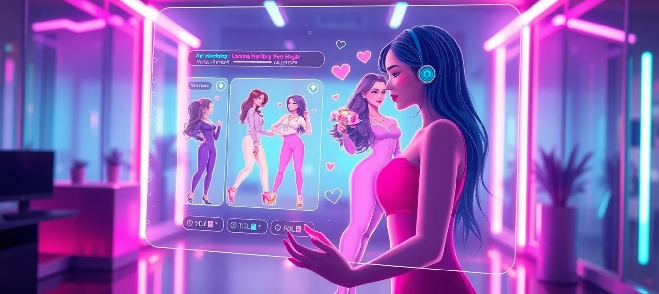 Futuristic digital scene of an AI chatbot interface with visuals of a virtual girlfriend in a high-tech environment.