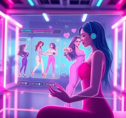 Futuristic digital scene of an AI chatbot interface with visuals of a virtual girlfriend in a high-tech environment.
