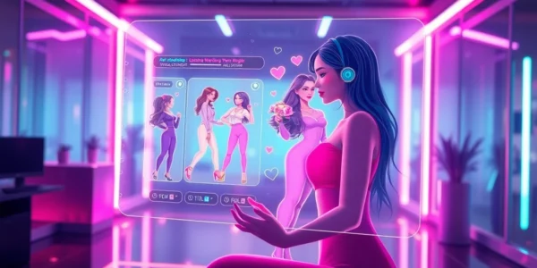 Futuristic digital scene of an AI chatbot interface with visuals of a virtual girlfriend in a high-tech environment.