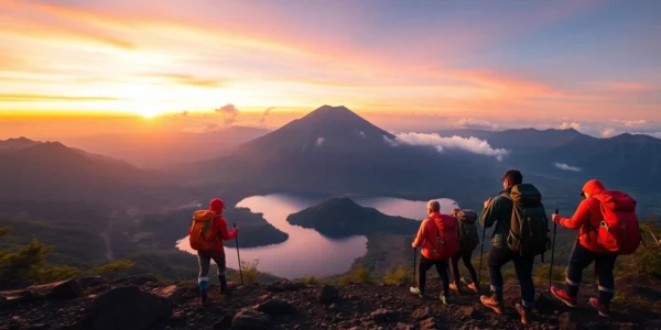 Hikers overlooking Mount Rinjani at sunrise with lush greenery and vibrant sky