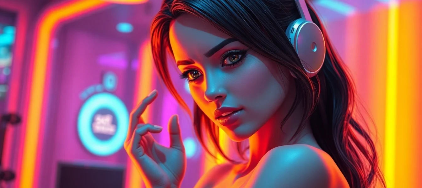 Futuristic digital art of an AI character in a suggestive pose with neon lighting