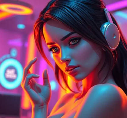 Futuristic digital art of an AI character in a suggestive pose with neon lighting