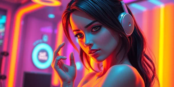 Futuristic digital art of an AI character in a suggestive pose with neon lighting