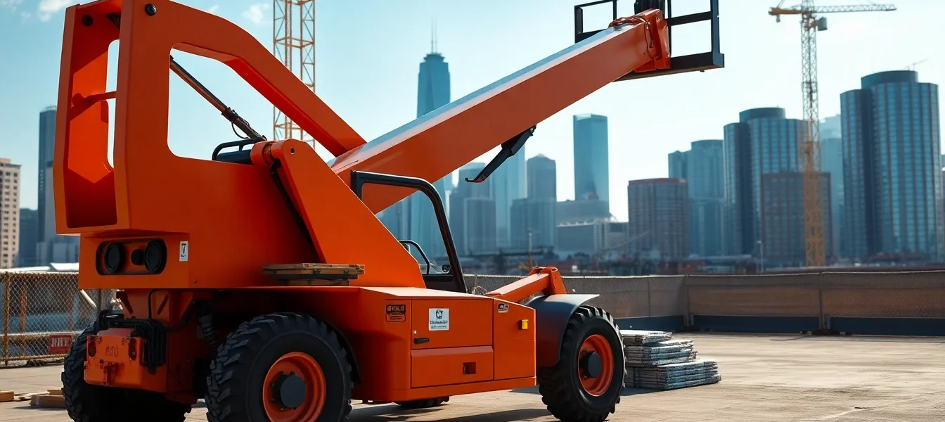 Efficient telehandler rental service showcasing a sturdy telescopic forklift in action on a busy construction site, highlighting versatility and reliability for heavy lifting tasks.