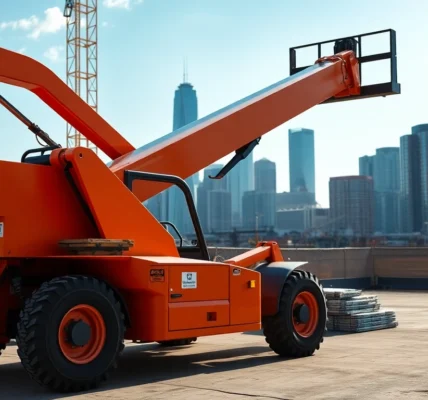 Efficient telehandler rental service showcasing a sturdy telescopic forklift in action on a busy construction site, highlighting versatility and reliability for heavy lifting tasks.