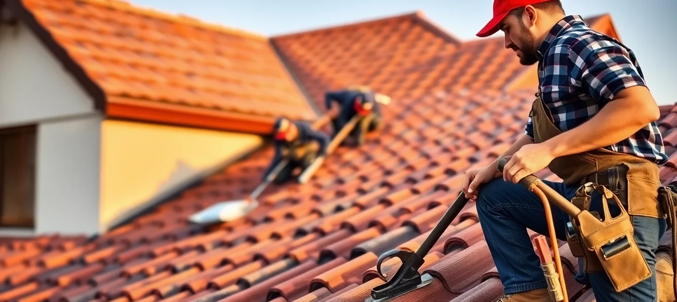 A skilled local roofing company team installing durable roof tiles on a residential home, showcasing quality craftsmanship and professional service.
