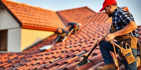 A skilled local roofing company team installing durable roof tiles on a residential home, showcasing quality craftsmanship and professional service.