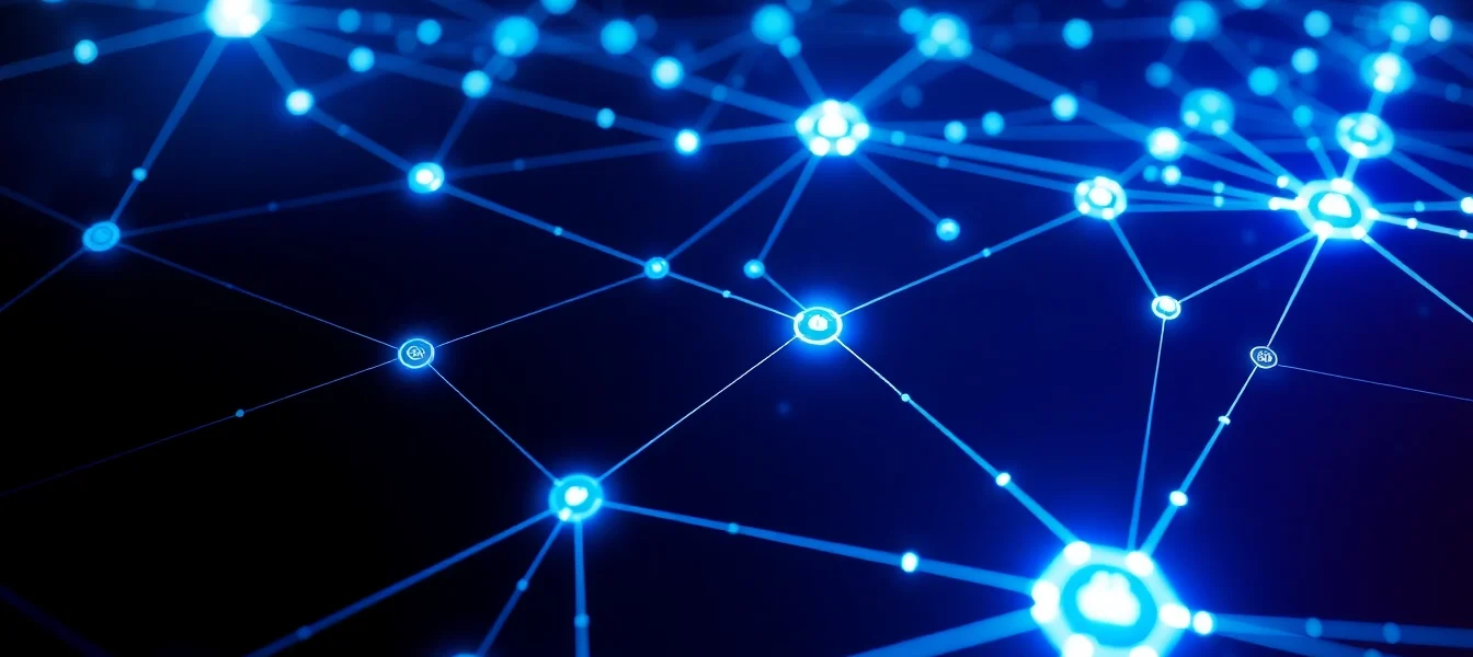 Illustration of blockchain technology illustrating a secure, decentralized digital ledger with interconnected nodes and cryptographic links.