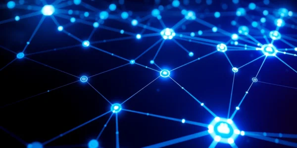Illustration of blockchain technology illustrating a secure, decentralized digital ledger with interconnected nodes and cryptographic links.
