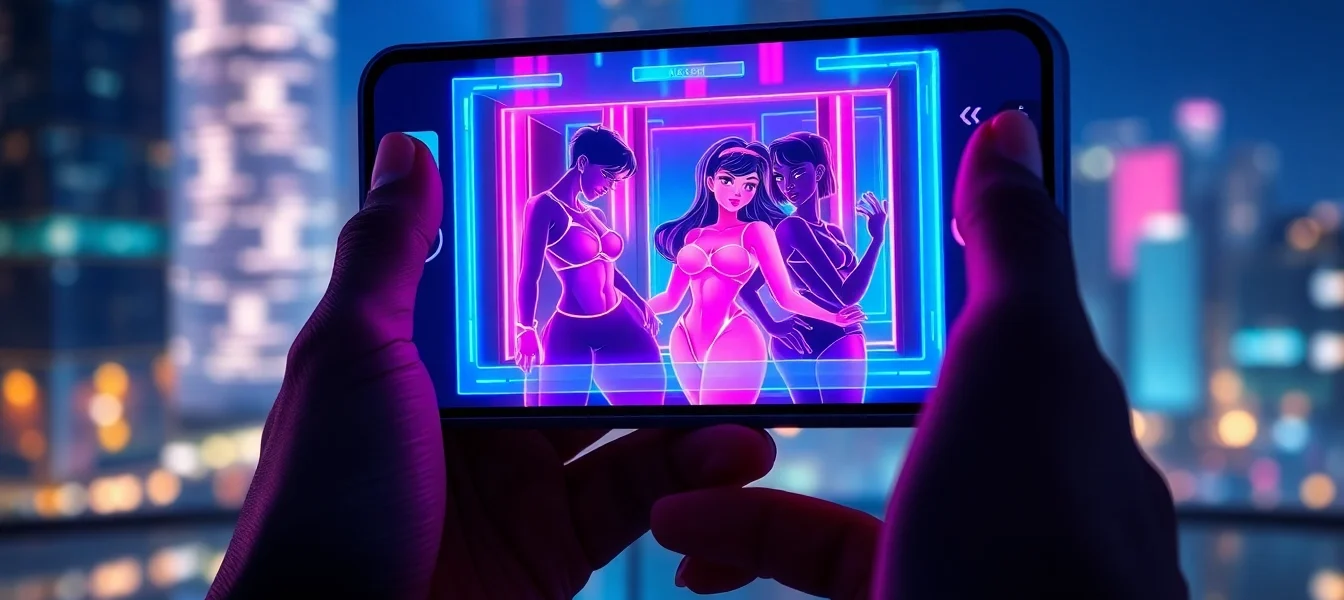 Close-up of a smartphone displaying neon-lit AI sexting app interface with animated sensual avatars at night.