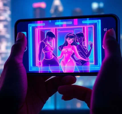 Close-up of a smartphone displaying neon-lit AI sexting app interface with animated sensual avatars at night.