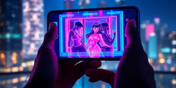 Close-up of a smartphone displaying neon-lit AI sexting app interface with animated sensual avatars at night.