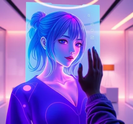 An AI girlfriend interface with a holographic anime and realistic female avatar in a futuristic digital environment.