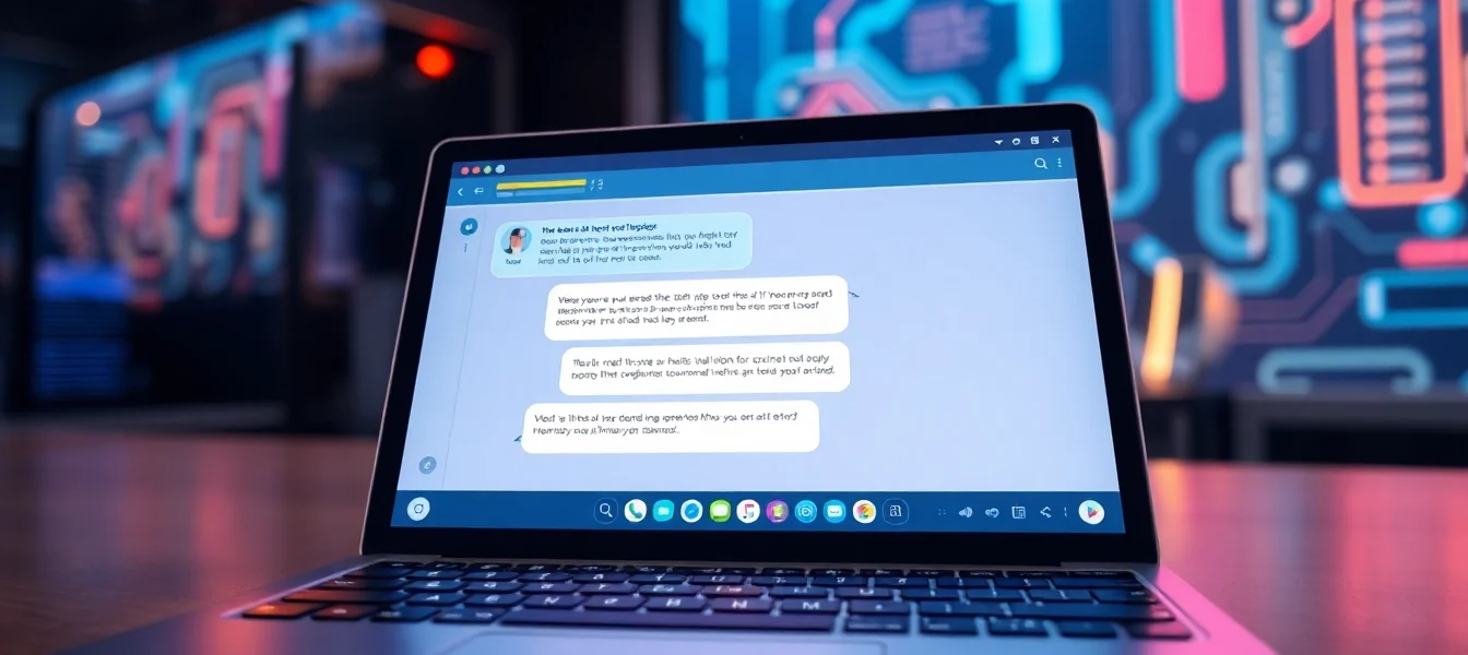 A close-up of a laptop screen displaying an AI chatbot conversation with vibrant neon accents and a futuristic tech background.