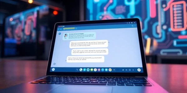 A close-up of a laptop screen displaying an AI chatbot conversation with vibrant neon accents and a futuristic tech background.