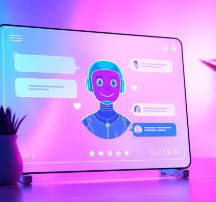 Futuristic digital chat interface with a friendly AI character and neon-lit background.