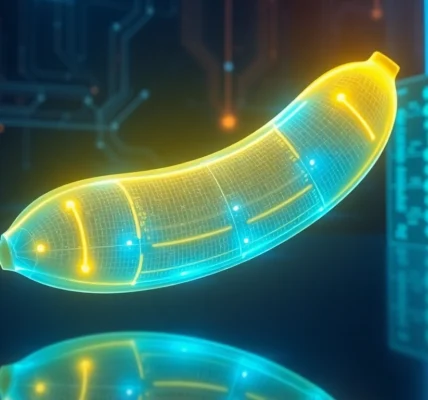 Futuristic holographic banana with glowing accents in a high-tech lab setting