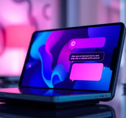 Futuristic digital illustration of an AI chatbot interface on a sleek device screen with vibrant neon colors and a modern workspace background.