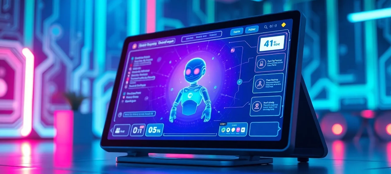 A high-tech digital interface showing an AI character on a futuristic screen with glowing accents and holographic elements.