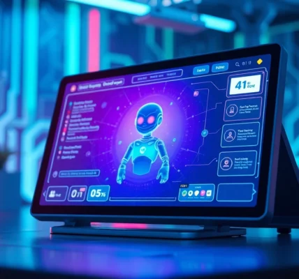 A high-tech digital interface showing an AI character on a futuristic screen with glowing accents and holographic elements.