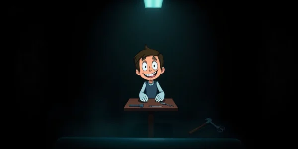A disturbing scene of Harvey, a cheerful character, in a dark room with violent tools, showing emotional distress and moral tension.