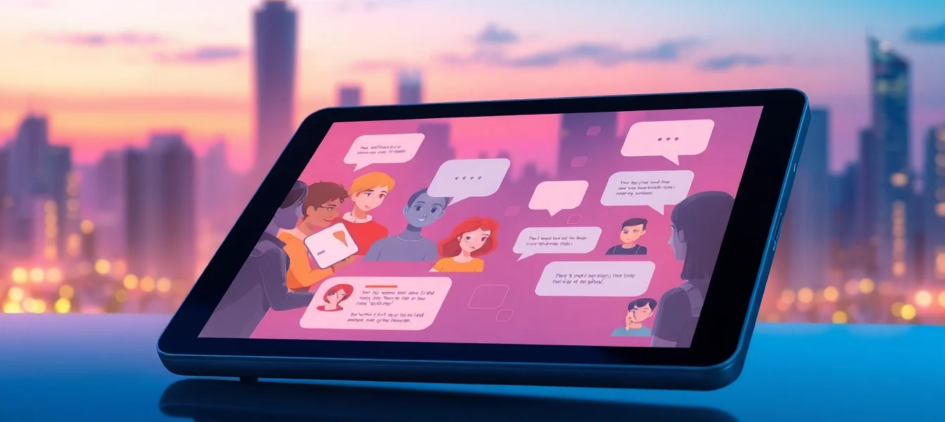 Futuristic digital chat interface with AI characters on a tablet at dusk in a cyberpunk cityscape.