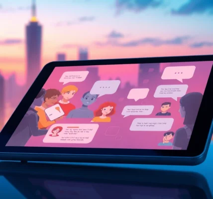 Futuristic digital chat interface with AI characters on a tablet at dusk in a cyberpunk cityscape.