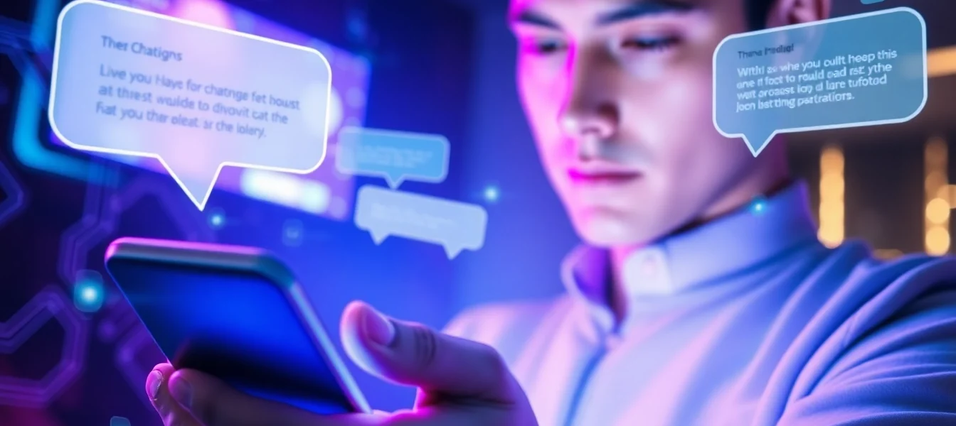 Close-up of a person using a smartphone with AI chatbot interface on the screen, glowing neon lights and futuristic tech environment.