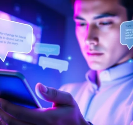 Close-up of a person using a smartphone with AI chatbot interface on the screen, glowing neon lights and futuristic tech environment.