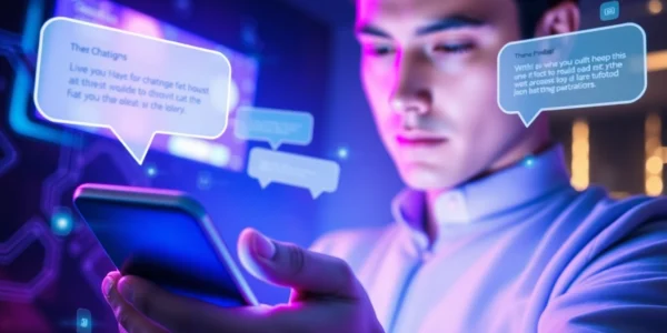 Close-up of a person using a smartphone with AI chatbot interface on the screen, glowing neon lights and futuristic tech environment.