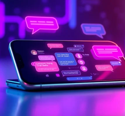 Futuristic smartphone displaying a colorful chatbot interface with neon accents and animated speech bubbles.