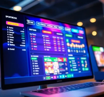 Close-up of an online sportsbook and casino platform interface on a computer screen with vibrant colors and glowing elements.