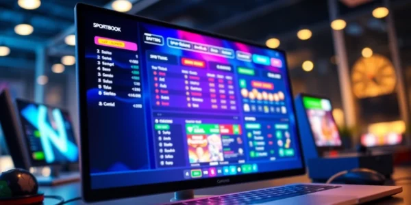Close-up of an online sportsbook and casino platform interface on a computer screen with vibrant colors and glowing elements.