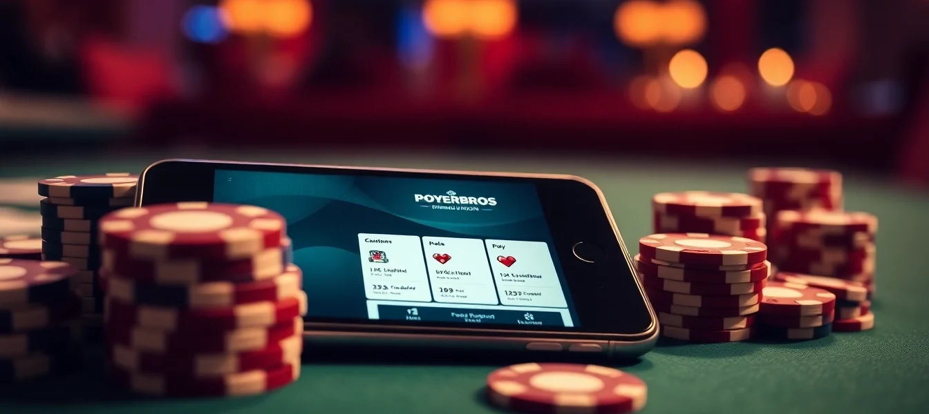 Pokerbros Diamond Union online poker club featuring chips, cards, and app screens, emphasizing strategic gameplay.