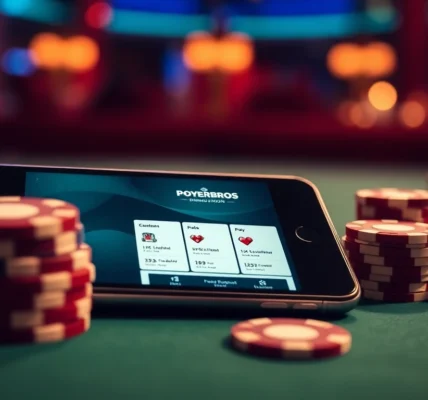Pokerbros Diamond Union online poker club featuring chips, cards, and app screens, emphasizing strategic gameplay.